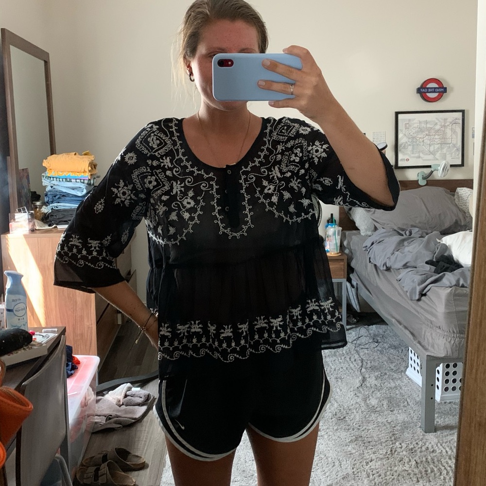 Free People Navy Sheer Peplum w white Stitching